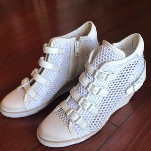 White high top mesh sneakers with side zipper
